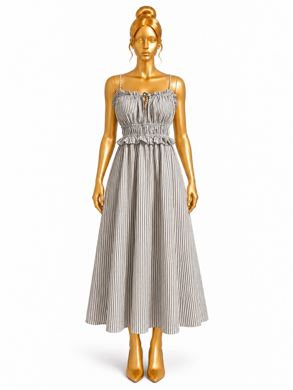 Blu Pepper Large Gray Cream Striped Smocked Midi Dress Ruffle Trim Lined